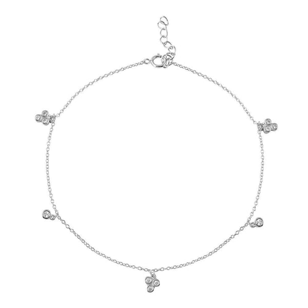 Rhodium Plated 925 Sterling Silver Three Leaf Clover Drop Anklet