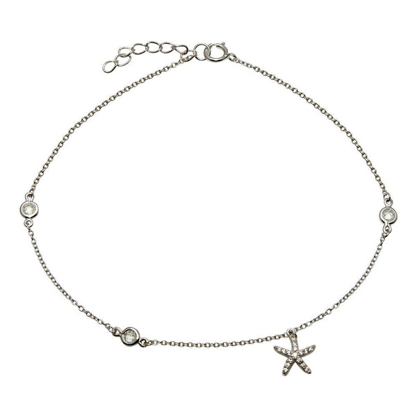 Rhodium Plated 925 Sterling Silver Starfish Anklet with CZ