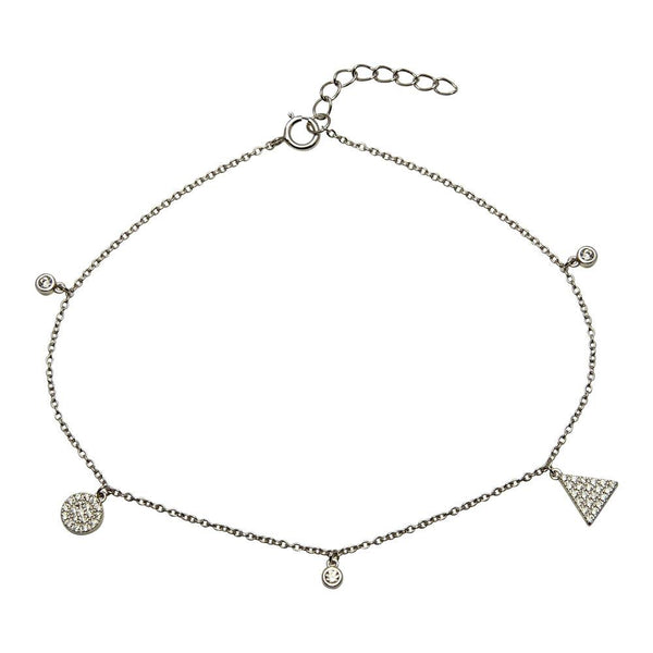 Rhodium Plated 925 Sterling Silver Circle and Triangle Charm  Anklet with CZ