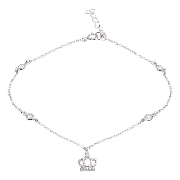 Rhodium Plated 925 Sterling Silver CZ Link Crown Charm Anklet