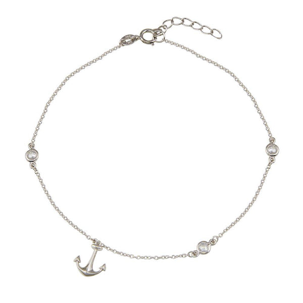 Rhodium Plated 925 Sterling Silver Anchor Anklet with CZ