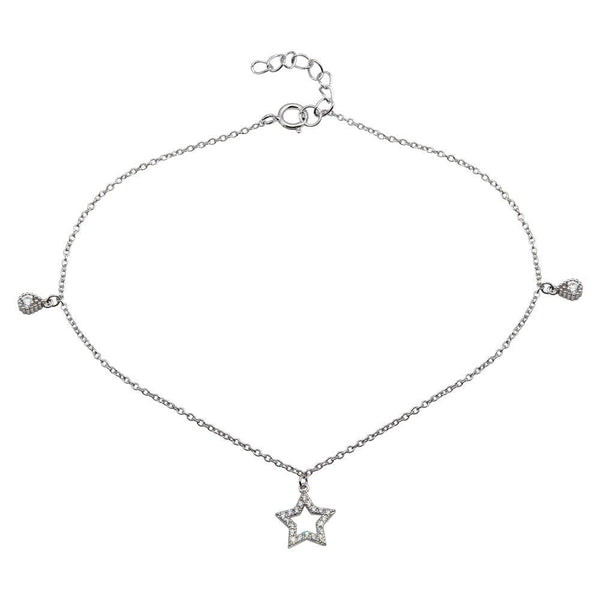 Rhodium Plated 925 Sterling Silver Star and Teardrop Charm Anklet with CZ