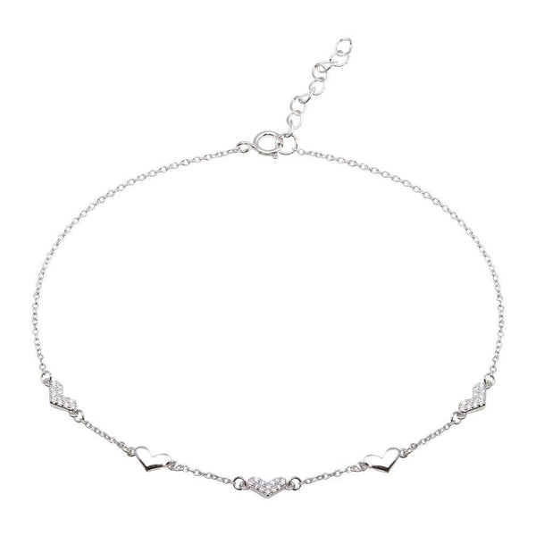 Rhodium Plated 925 Sterling Silver 5 Heart CZ Anklet