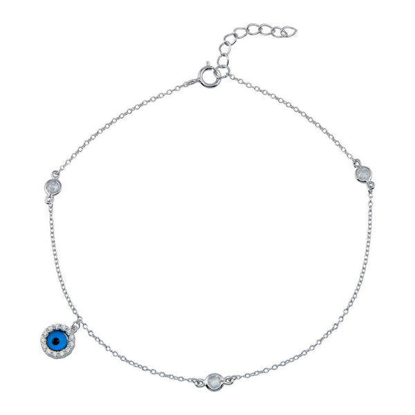 Rhodium Plated 925 Sterling Silver Evil Eye CZ Link Anklet