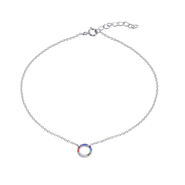 Rhodium Plated 925 Sterling Silver Round Charm Multicolor CZ  Anklet