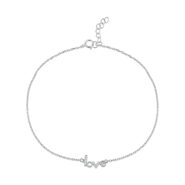 Rhodium Plated 925 Sterling Silver LOVE CZ Anklet