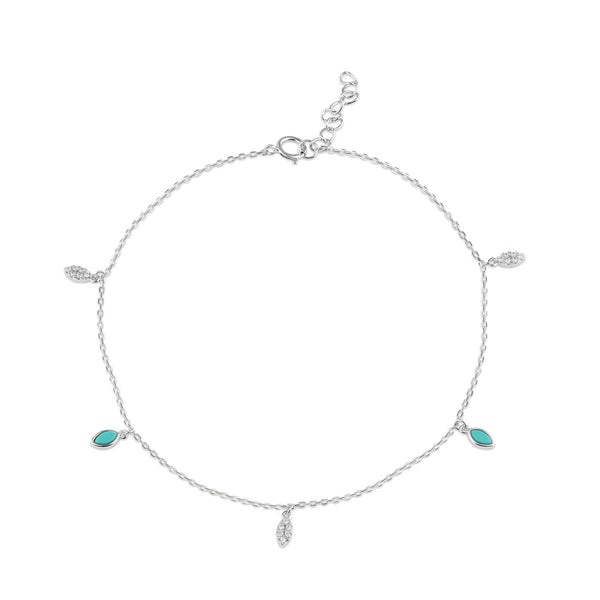Rhodium Plated 925 Sterling Silver Teardrop Charm Turquioise and Clear CZ Anklet