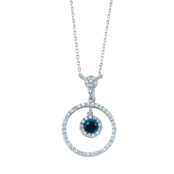 Silver 925 Rhodium Plated CZ Circular Evil Eye Pendant Necklace
