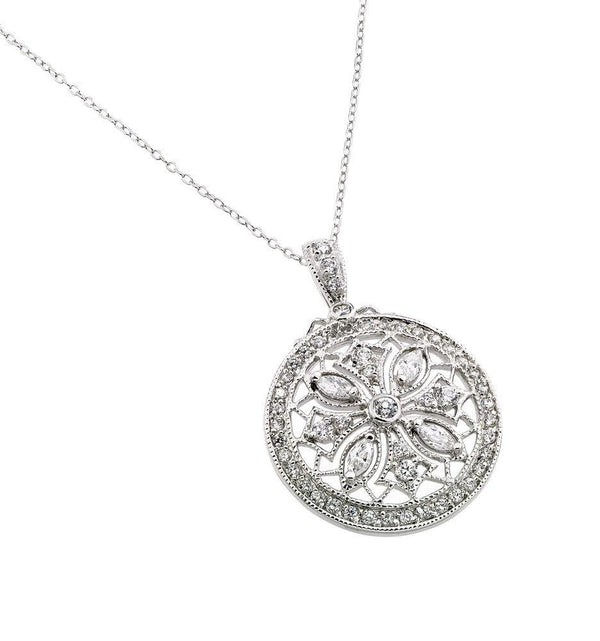 Silver 925 Rhodium Plated Disc Designed Filigree CZ Necklace