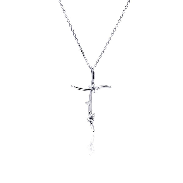Silver 925 Rhodium Plated Thin Wavy CZ Cross Pendant Necklace