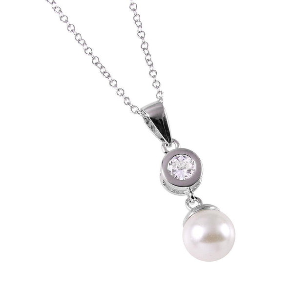 Silver 925 CZ and Synthetic Pearl Drop Necklace