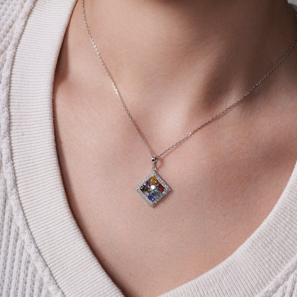 Silver 925 Rhodium Plated Multicolor Square CZ Necklace