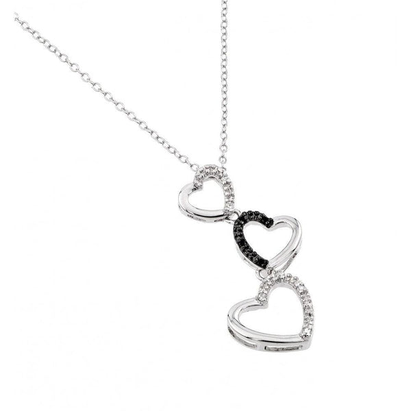 Silver 925 Rhodium Plated Three Graduated Open Heart Clear and Black CZ Necklace