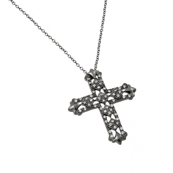 Silver 925 Black Rhodium Plated CZ Cross Necklace