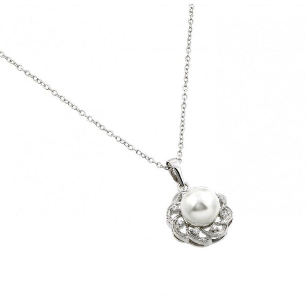 Silver 925 Rhodium Plated Flower CZ Center Pearl Necklace