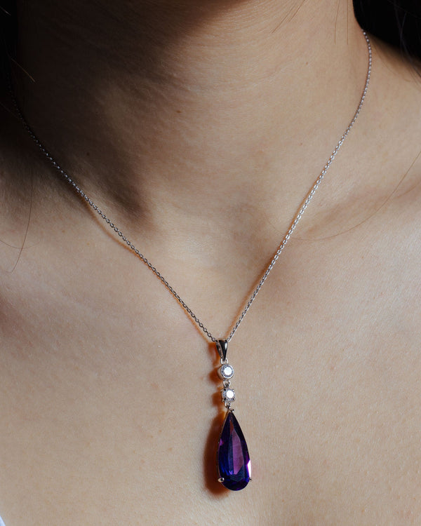 Silver 925 Rhodium Plated Teardrop Purple CZ Dangling Necklace