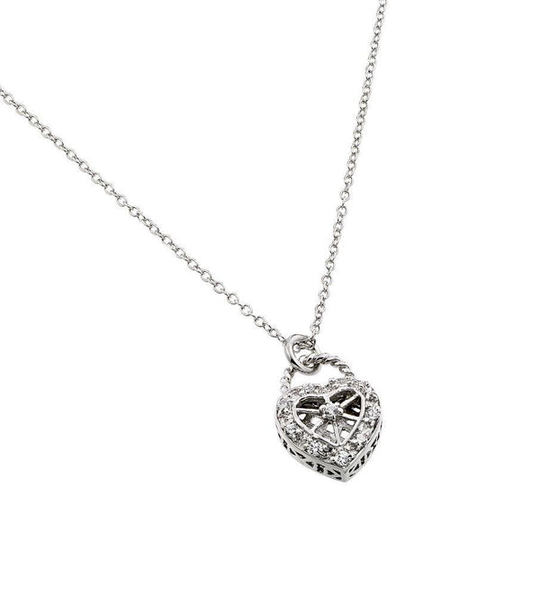 Silver 925 Rhodium Plated Clear CZ Center Open Heart Pendant Necklace