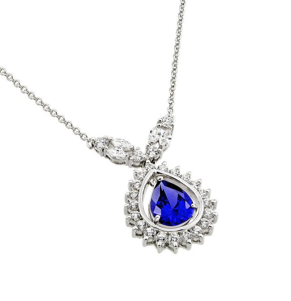 Silver 925 Rhodium Plated Blue CZ Drop Shape Pendant Necklace