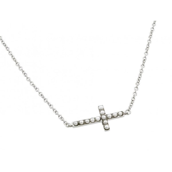 Silver 925 Rhodium Plated Sideways Cross with Pearls Pendant Necklace