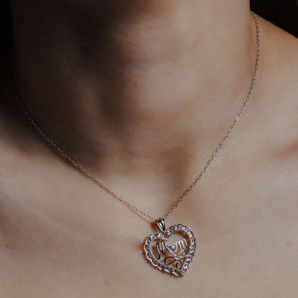 Silver 925 Rhodium Plated Clear CZ at Center Open Heart Mom Pendant Necklace