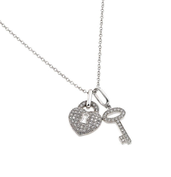 Silver 925 Rhodium Plated Clear CZ Lock and Key Pendant Necklace