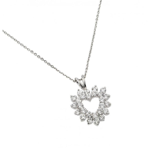 Silver 925 Rhodium Plated Clear CZ Outline Open Heart Pendant Necklace