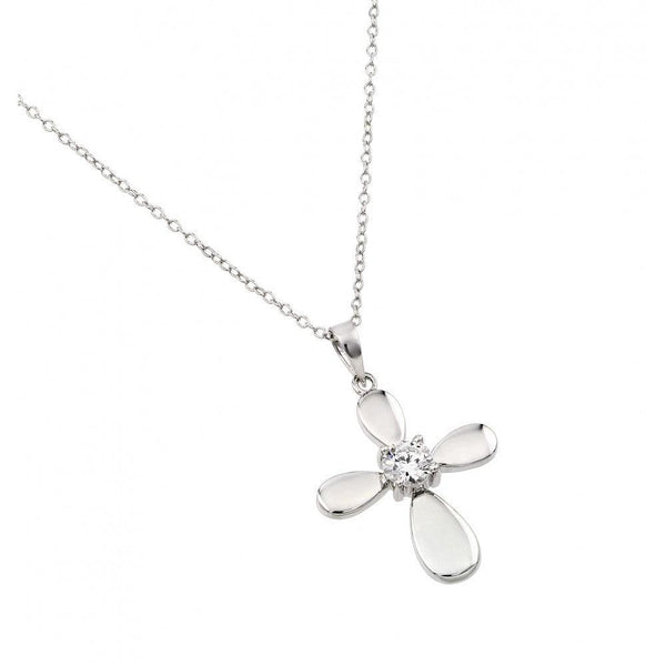 Silver 925 Rhodium Plated Solid Cross Clear CZ Center Pendant Necklace
