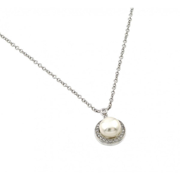 Silver 925 Rhodium Plated Clear CZ Round Circle Fresh Water Pearl Necklace