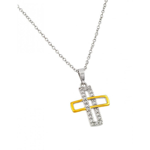 Silver 925 Rhodium and Gold Plated Interlaced Rectangle Cross Pendant Necklace
