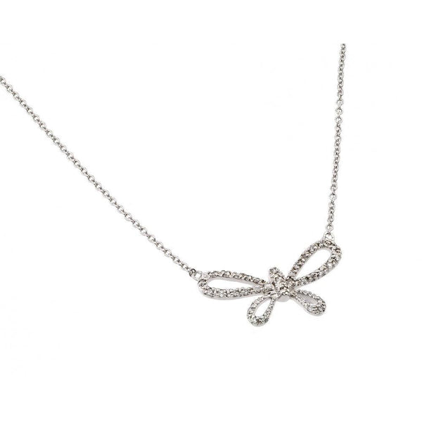 Silver 925 Rhodium Plated Clear CZ Open Wing Wide Butterfly Pendant Necklace