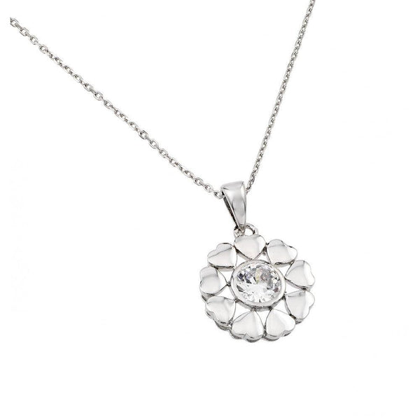 Silver 925 Rhodium Plated Heart Circle Chain with Clear CZ Stone Center Pendant Necklace
