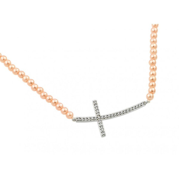 Silver 925 Rhodium Plated CZ Cross Pendant with Champagne Synthetic Pearl Chain Necklace