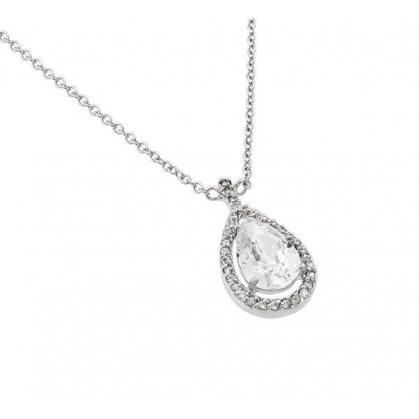 Silver 925 Rhodium Plated Clear CZ Drop Shape Pendant Necklace