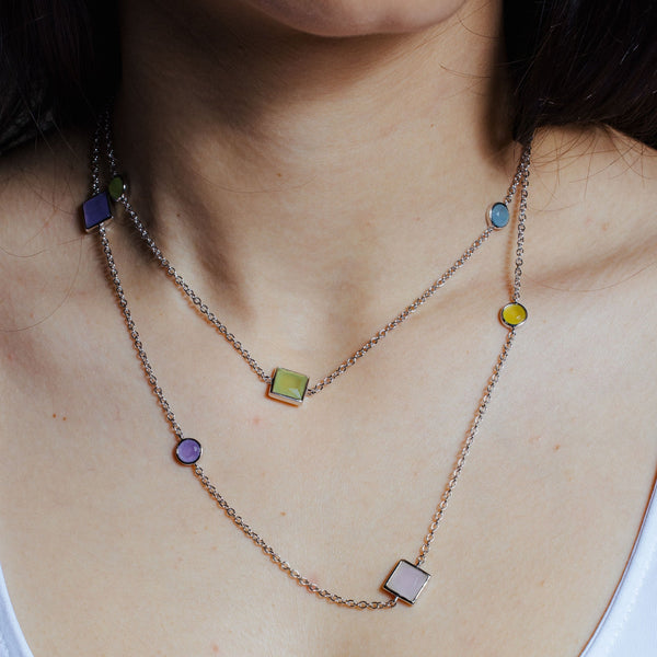 Rhodium Plated 925 Sterling Silver Multiple Color Stone Chain Necklace 36"