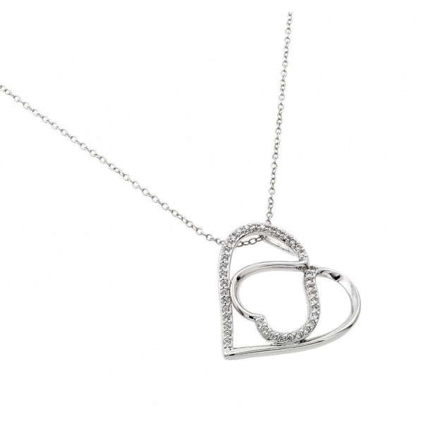 Silver 925 Rhodium Plated Clear CZ Outer and Inner Heart Pendant Necklace