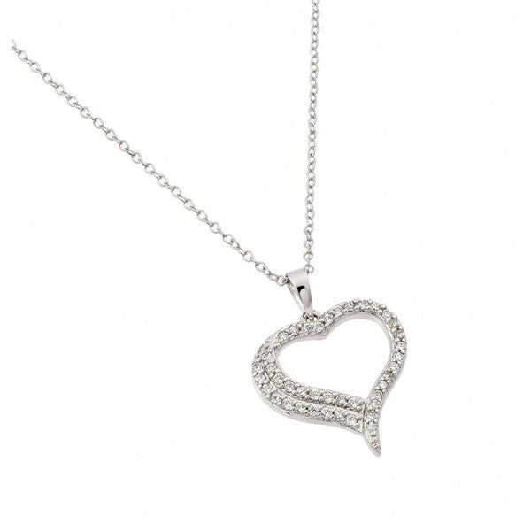 Silver 925 Rhodium Plated Clear CZ Open Heart Pendant Necklace