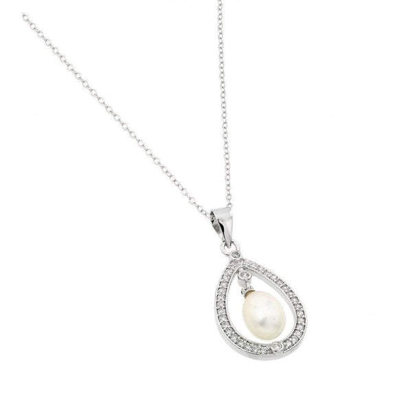 Silver 925 Rhodium Plated Fresh Water Pearl Surrounded by Clear CZ Pendant Necklace
