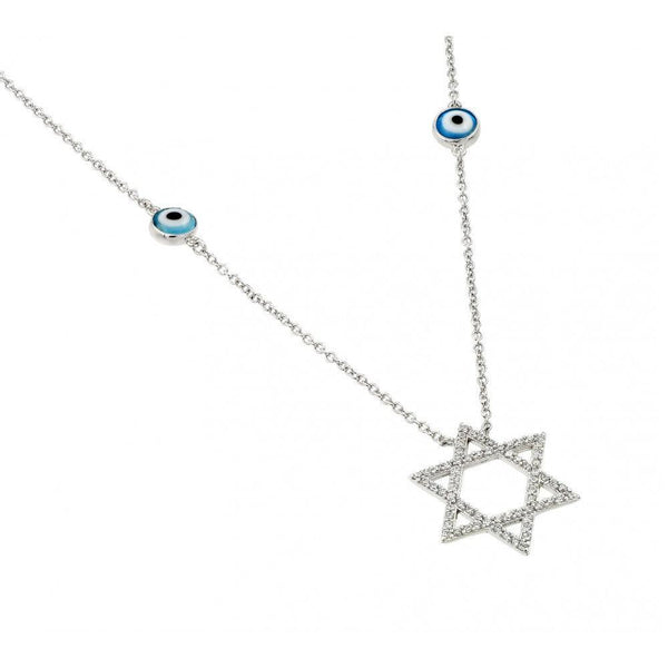 Silver 925 Rhodium Plated Round Evil Eye and Star of David Necklace
