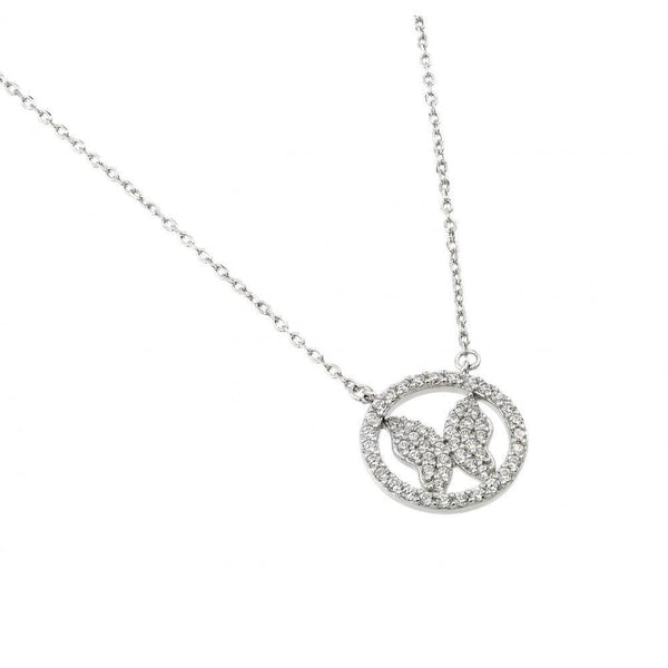 Silver 925 Rhodium Plated Butterfly Circle Necklace