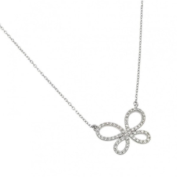 Silver 925 Rhodium Plated Clear CZ Open Butterfly Pendant Necklace