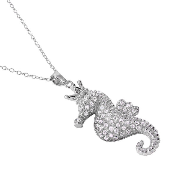 Silver 925 Rhodium Plated Clear CZ Seahorse Pendant Necklace