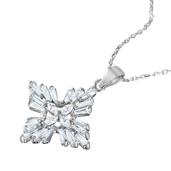 Silver 925 Rhodium Plated Baguette and Marquise CZ Cross Pendant Necklace