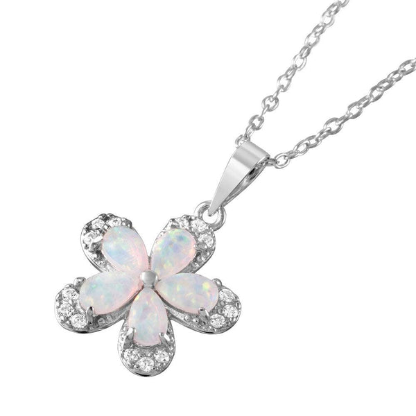 Silver 925 Rhodium Plated Clear CZ Flower Pear Opal Pendant Necklace