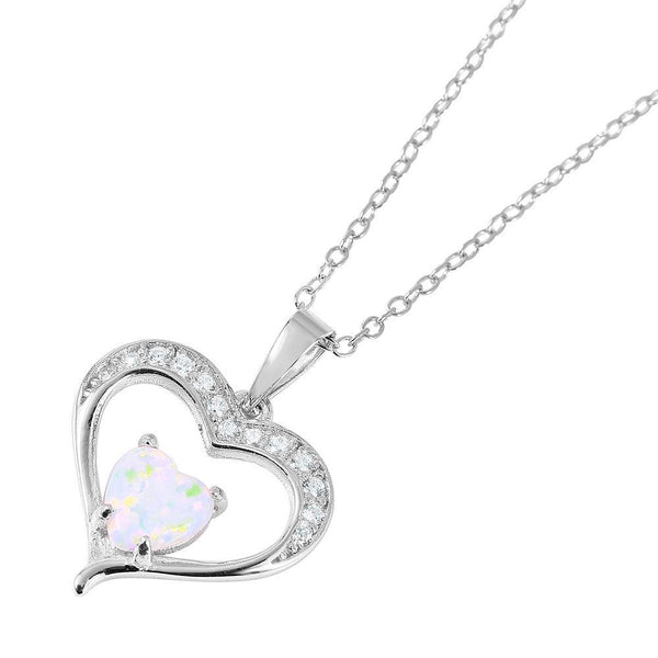 Silver 925 Nickel Free Rhodium Plated Open Heart with CZ and Synthetic Opal Necklace
