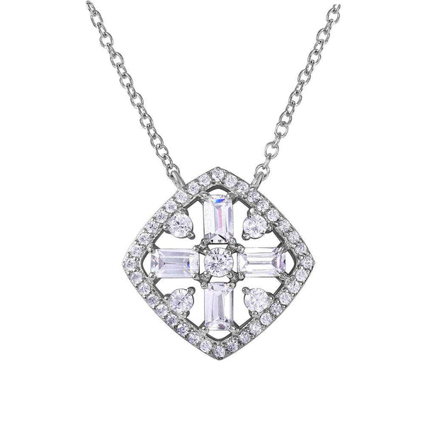Silver 925 Rhodium Diamond Shape with Cross Center Encrusted with CZ Necklace