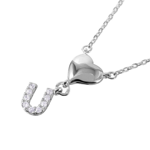 Silver 925 Rhodium Plated Heart and CZ U Necklace