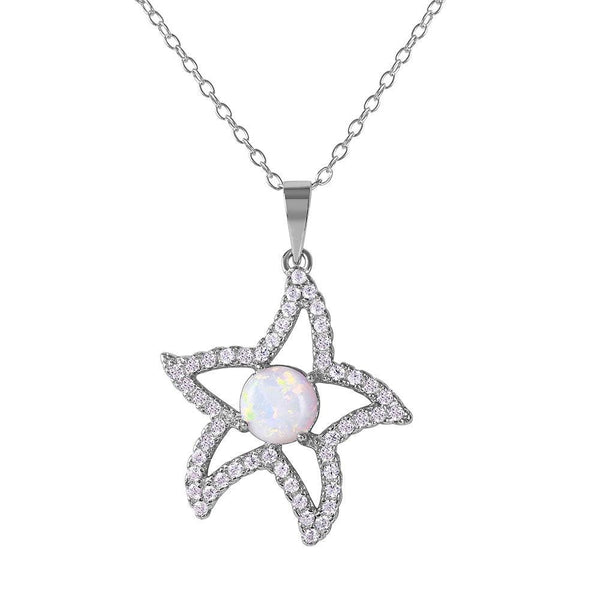 Silver 925 Rhodium Plated CZ Open Starfish with White Center Stone Necklace