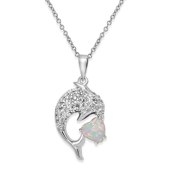 Rhodium Plated 925 Sterling Silver CZ Dolphin Necklace with Synthetic Opal