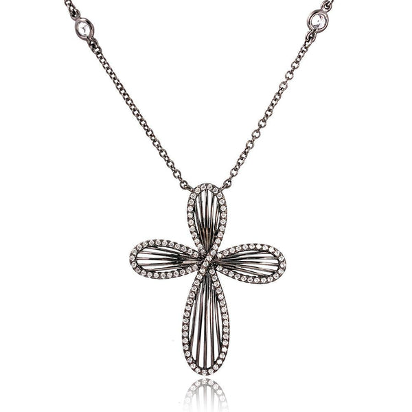Silver 925 Black Rhodium Plated Cross with CZ Border Necklace
