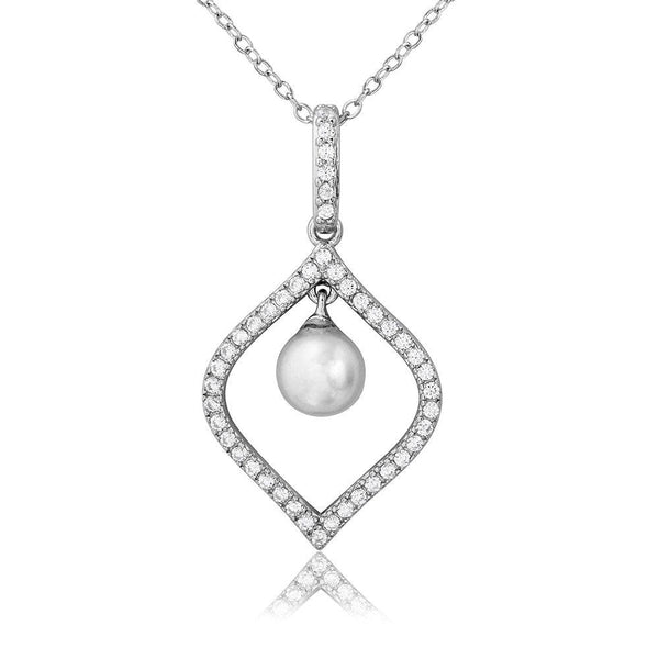 Silver 925 Rhodium Plated CZ Open Drop with Dangling Synthetic Pearl Necklace